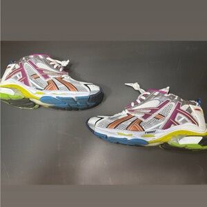 Balenciaga White Multicolor Runner Sneakers with Pink and Blue Accents